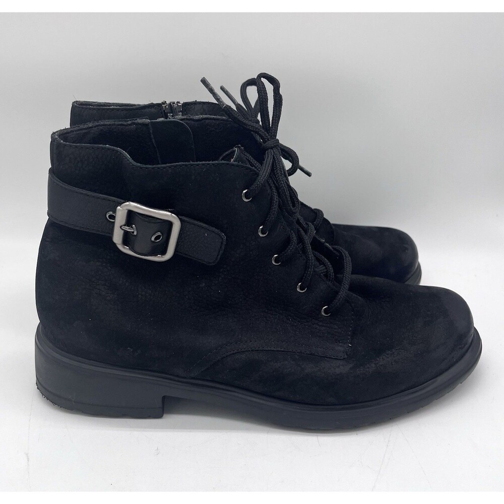 Munro Bradley Womens Black Ankle Boots Nubuck Size 8.5 Lace Up Side Buckle EUC
